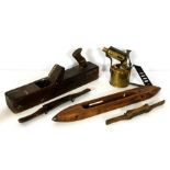 Vintage woodworking tools, including four planes, various draw knives; also a loom bobbin scuttle, a