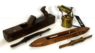 Vintage woodworking tools, including four planes, various draw knives; also a loom bobbin scuttle, a