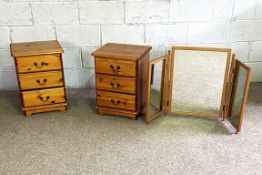 A pair of modern pine three drawer bedside tables; and a triple plate dressing mirror (3)