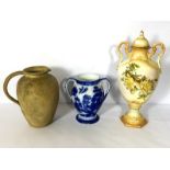 Five assorted decorative vases and jugs, including a large stoneware covered urn and a blue and