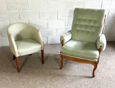A modern Parker Knoll style armchair; also a small light green upholstered tub chair, a bathroom tub