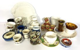 A large assortment of ceramics, including a colourful set of coffee cups, hunting print decorated