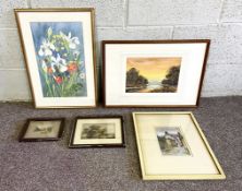A small group of five decorative pictures, including C Napier, the back yard, watercolour, signed