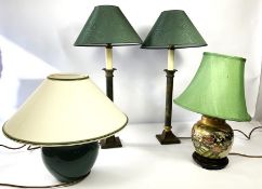 A pair of modern columnar table lamps, with shades, together with two other table lamps (4)