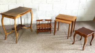 A group of small tables, including a vintage two tier occasional table, a small nest of two