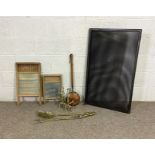 Miscellaneous items, including a vintage brass set of fire irons and andiron, also a copper bed