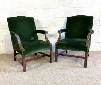 A pair of George III style mahogany and upholstered Gainsborough chairs, late 19th or early 20th