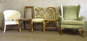 Five assorted chairs, including an upholstered wing armchair, a LLoyd Loom style tub chair, a gilt