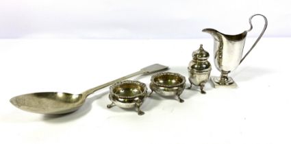 A pair of Georgian style silver salts, a small pepper, helmet shaped milk jug and a large plated