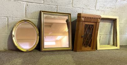 Two modern gilt picture frames, an oval mirror; a rectangular mirror and a small vintage pine corner
