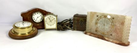 A group of items, including an Art Deco style mantel clock, another Edwardian style clock, a small