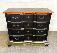 An Italian style breakfront commode, with a polished shaped top over four drawers, painted and gilt,