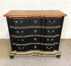 An Italian style breakfront commode, with a polished shaped top over four drawers, painted and gilt,