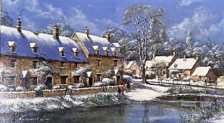 Gordon Lees, British (1933-), Snow & Sunshine in Lower Slaughter, oil on canvas, signed LL: Gordon