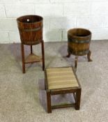 Two vintage hoop bound planters with stands and a small stool and assorted small tables (6)