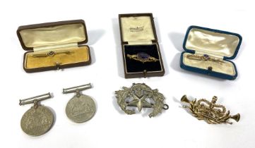 Three brooches, including a pretty Scottish Amethyst and 15 carat gold brooch, with a large