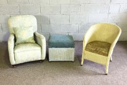A small vintage armchair, upholstered in light blue, with a Lloyd Loom bathroom chair and stool (3)