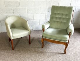 A modern Parker Knoll style armchair; also a small light green upholstered tub chair, a bathroom tub