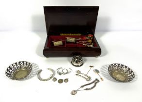 A selection of assorted Hat pins; a silver pin cushion, assorted small silver, including a curb link