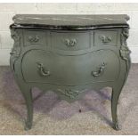 A French Louis XV style commode chest, 20th century with slate top and painted base, 77cm high, 88cm