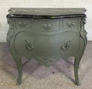 A French Louis XV style commode chest, 20th century with slate top and painted base, 77cm high, 88cm