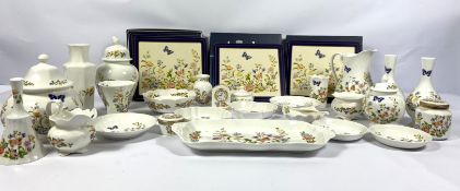 A large collection of Aynsley china, including a small clock, various vases, pots and dishes, some