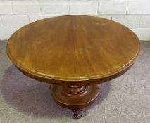 A mid Victorian tilt top circular breakfast table, with plain top on baluster pillar support and
