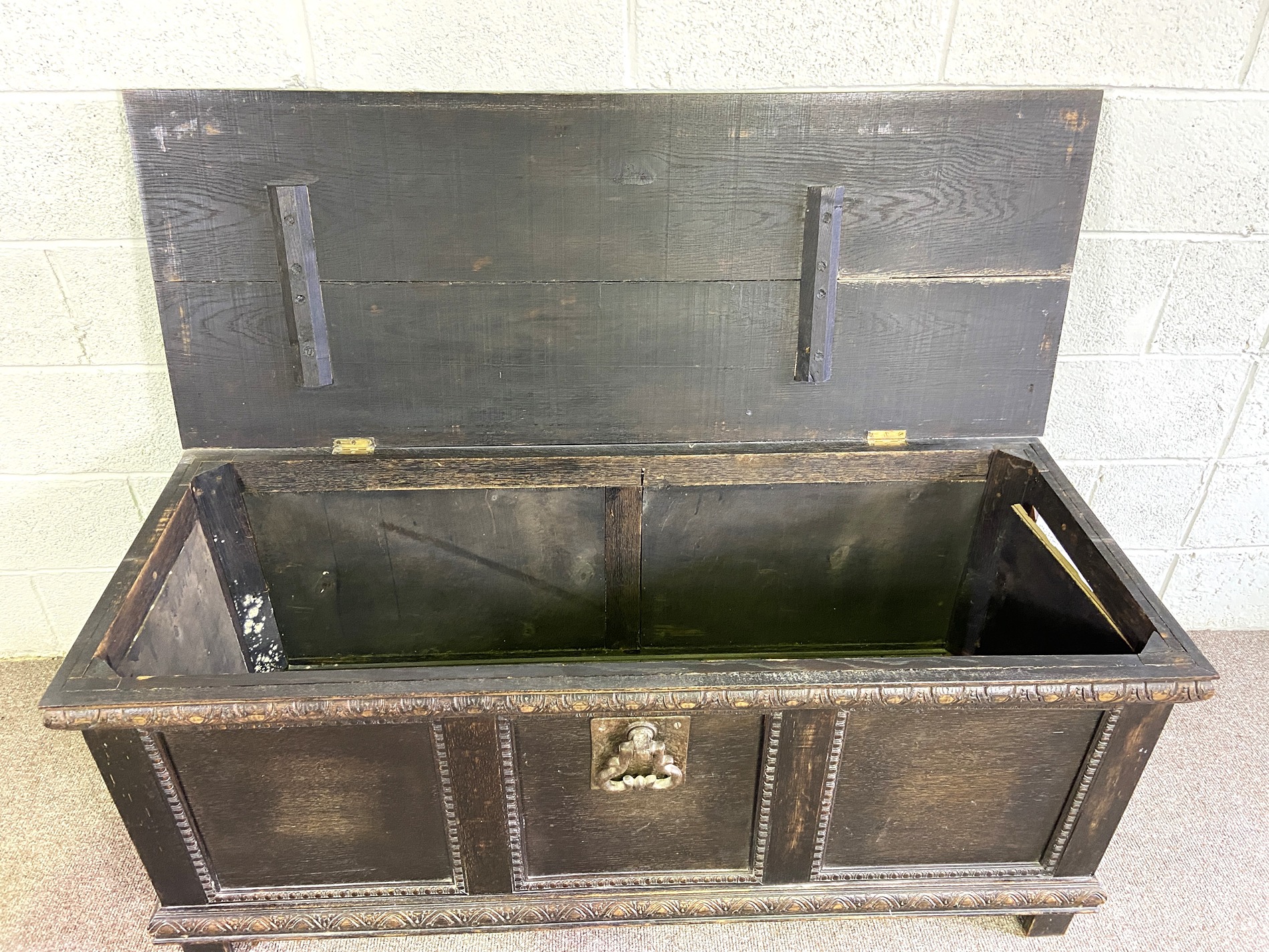 An oak 17th century style coffer, with hinged lid, three panelled front and iron strap hinges, - Image 6 of 9