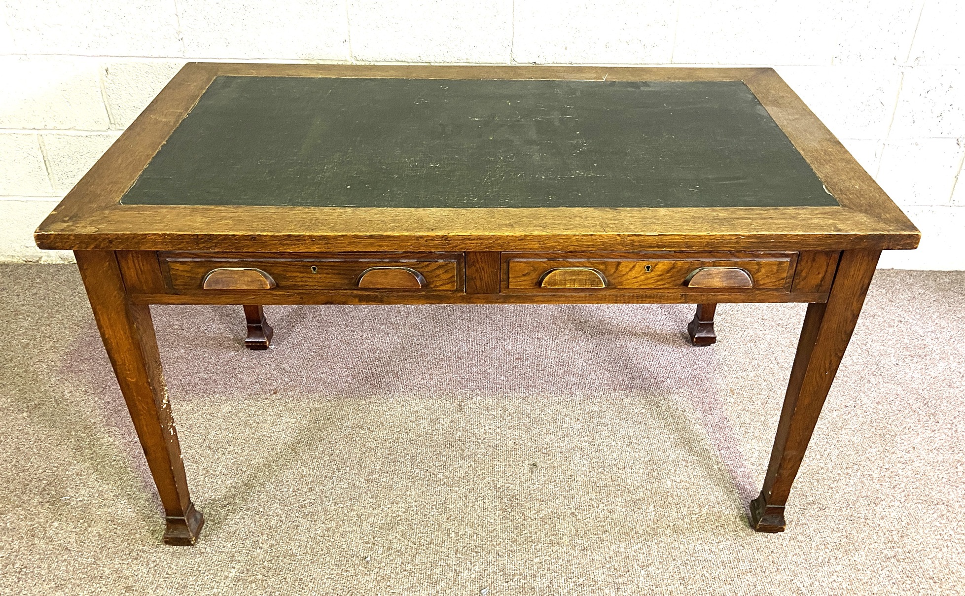 A vintage oak writing table, with ‘leather’ inset top, set on four tapered legs, 80cm high, 140cm - Image 2 of 4