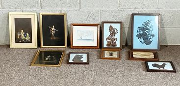 A group of assorted Thai and Indian decorative pictures, including framed embroideries of figures,