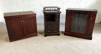 A modern media unit, with glass front; also a modern serving cabinet, and hall cabinet with