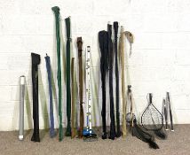 A selection of Fishing Rods, including inshore spinning, two folding nets, two modern concertina