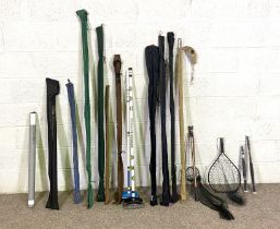 A selection of Fishing Rods, including inshore spinning, two folding nets, two modern concertina