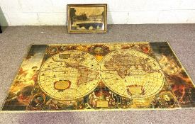 A roll-up map of the world decorative screen, and a silk work embroidery (2)