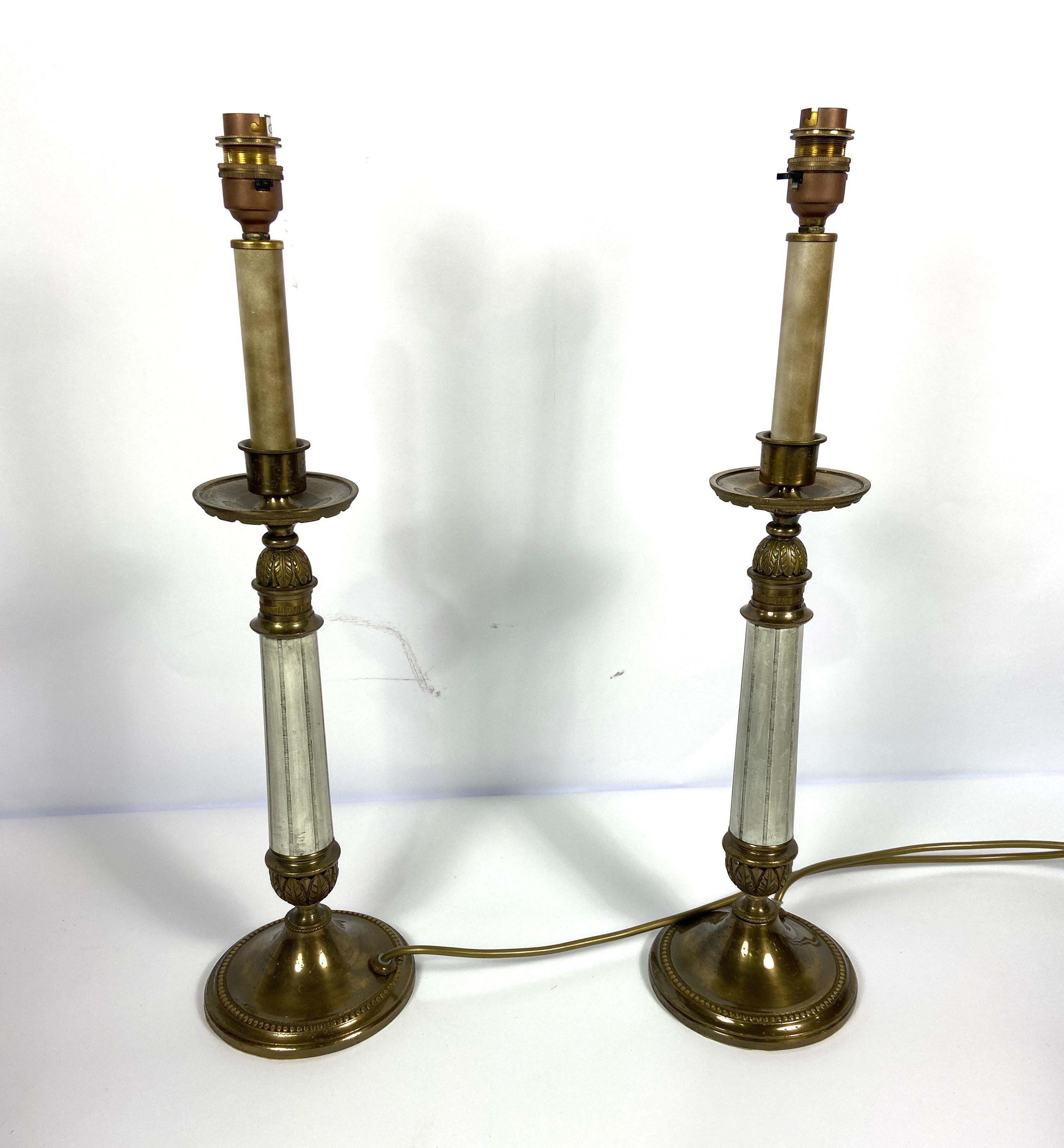 Seven assorted modern table lamps, including an unusual pair of bronzed candlestick lamp bases; a - Image 2 of 5