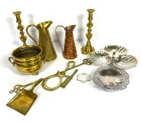 A selection of brass and metalware, including a pair of candlesticks, an ash pan, two jugs and a