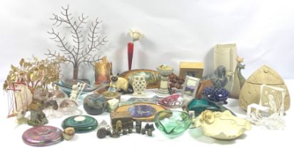 A varied assortment of decorative ornaments, including a gilt leaf decorated tree, assorted bowls,