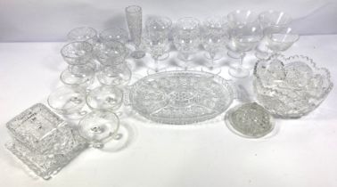 A selection of assorted cut and moulded glass ware, including a covered butter dish, a set of six