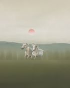 Scottish Contemporary, Two White horses on a sun lit plain, oil on canvas, unsigned, 100cm x 107cm
