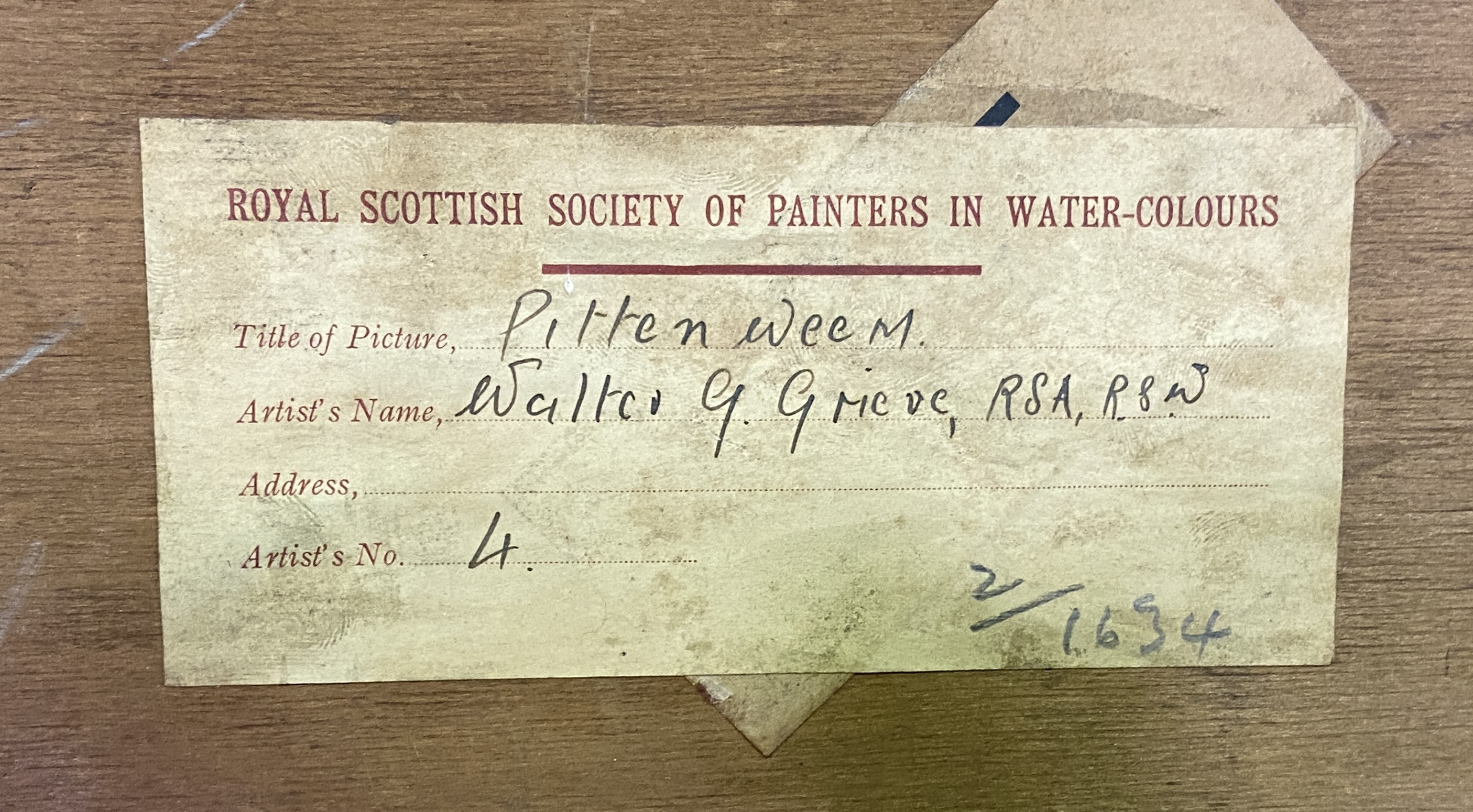 Walter Graham Grieve, RSA, RSW, Scottish, 20th century, “Pittenweem”, watercolour, gallery label - Image 4 of 4