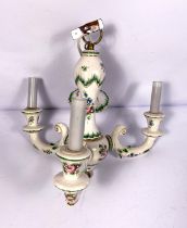 A Meissen style pendant three light chandelier fitting, with scrolled and decorated arms and a