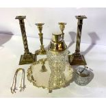 Assorted  silver plated items, including vintage cocktail shaker with clear glass reservoir; a