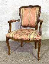 A George III style black and gilt armchair, with yellow padded upholstered back and seat, late