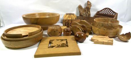 A selection of assorted wood novelties, and useful household containers, including turned spalted