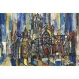 Assorted pictures, including a cubist study of a Cathedral, signed J.B.Welsh; and six other
