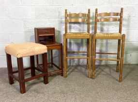 Two modern rush seated high bar stools, with turned supports, also another stool and a telephone