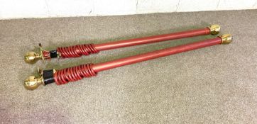 Pair of vintage curtain poles with heavy brass finials and 12 rings each; 150cm long by 6cm diameter
