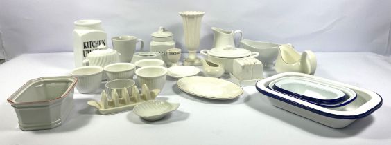 A selection of Kitchen china, all white, with a garlic covered pot various jugs, a toast rack and