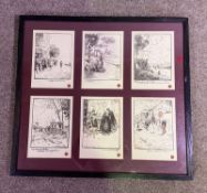 Four framed sets of French cartoons, early 20th century, each with six prints framed together,