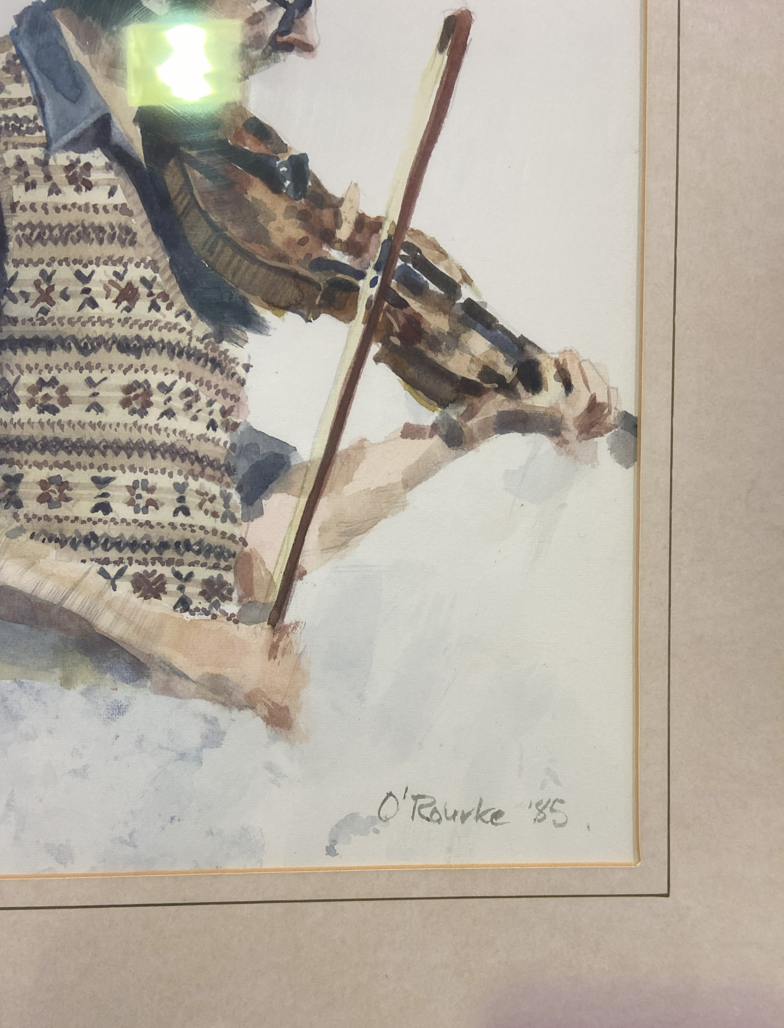 O’Rourke, Scottish circa 1985, Harpist; Fiddler, two watercolours, both signed and dated - Image 9 of 11